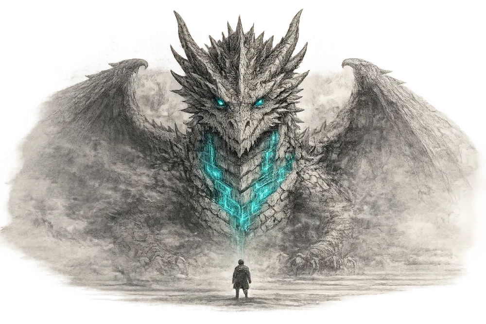 Una persona sola, de pie, frente a un dragón gigante con circuitos luminosos en el pecho